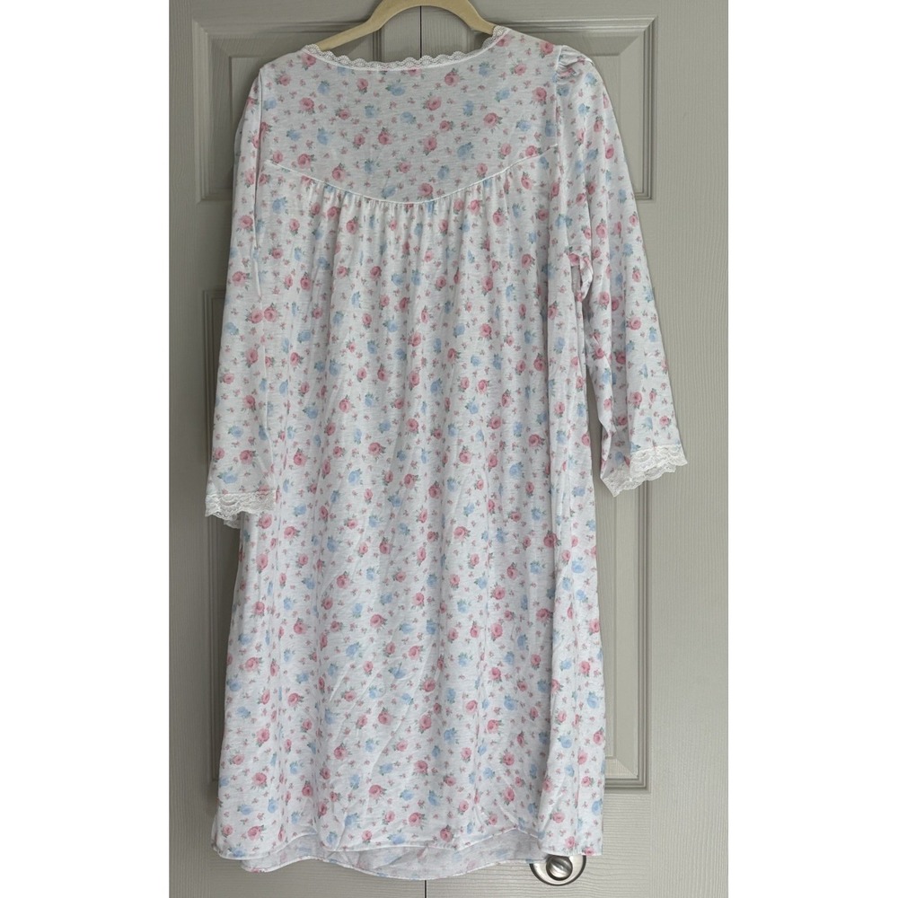 Vintage Miss Elaine Nightgown Floral Lace Cotton Balloon‎ Sleeve Large Flawed - Picture 7 of 12